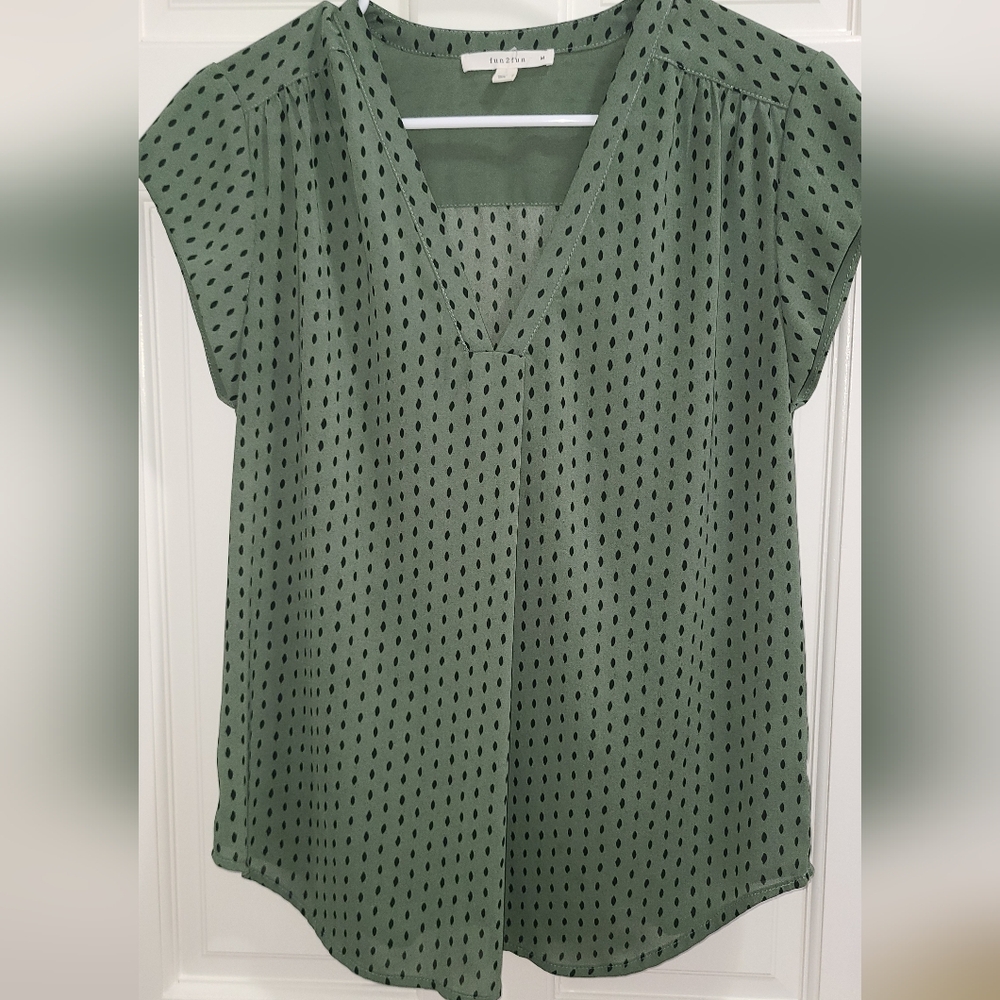 Fun 2 fun Olive with Black Dot Cap Sleeve V-Neck Blouse